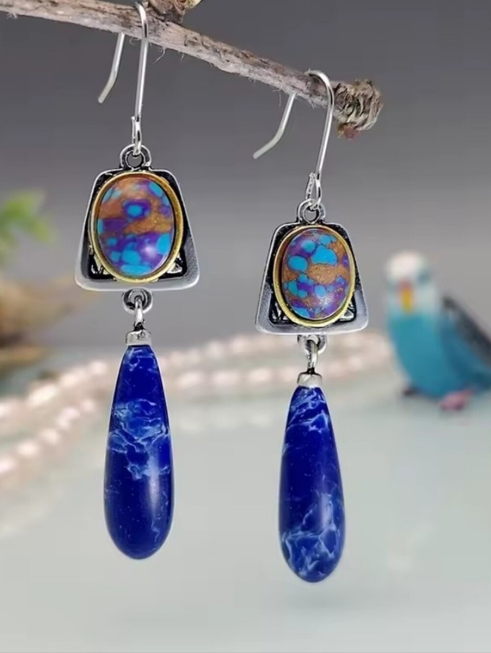 Artisan Silver Earrings with Blue Teardrops and Multicolor Oval Inlays
